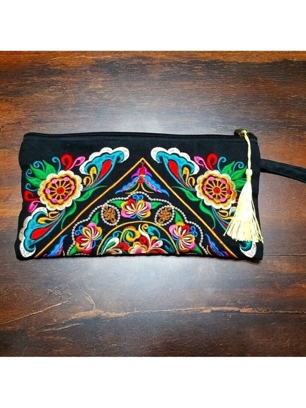 Ethnic boho fabric embroidered wristlet, clutch, zipper ,10" by 5" .